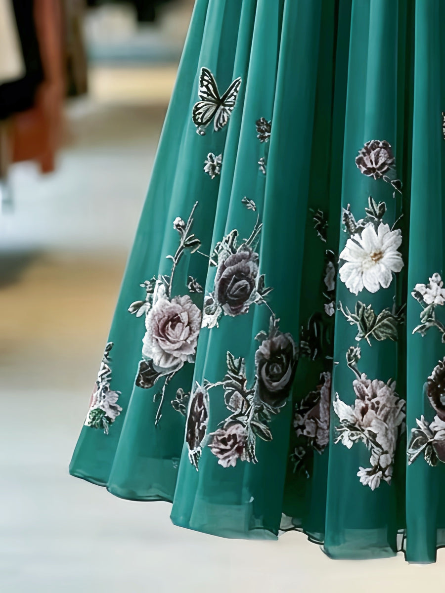 Spring and Autumn Women's Elegant Printed Midi A-Line Chiffon Skirt, Vacation Wear, Party Banquet Wear, Birthday Wear, Wedding Guest Wear, Easter Wear, Carnival Wear, Christmas Wear, Valentine's Day Wear, Holiday Wear, Suitable for Street Outings - Dark Green