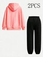 2pcs Value Pack: Stylish and Elegant Y2K Style Sportswear for Women, Suitable for Spring, Autumn, and Winter. Hooded -Lined Sweatshirt + -Lined Long Pants Set. 2pcs Outfit for Indoor and Outdoor Wear. Geometric Print Hooded Top and Long Pants Set. - Blush+Black