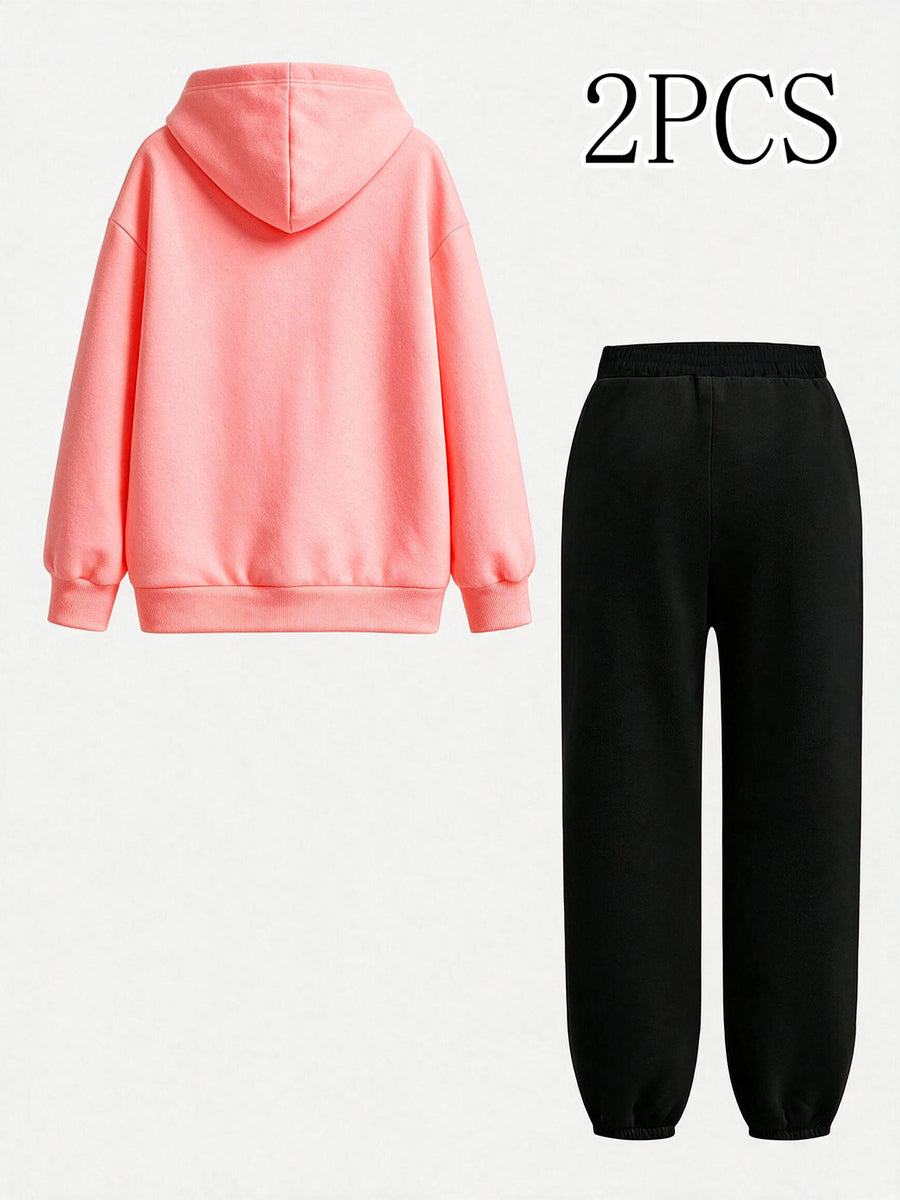 2pcs Value Pack: Stylish and Elegant Y2K Style Sportswear for Women, Suitable for Spring, Autumn, and Winter. Hooded -Lined Sweatshirt + -Lined Long Pants Set. 2pcs Outfit for Indoor and Outdoor Wear. Geometric Print Hooded Top and Long Pants Set. - Blush+Black