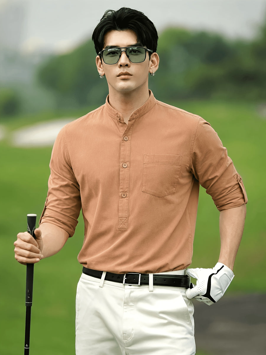 Men'S New Half-Button Shirt - Golf & Everyday Wear | Roll-Up Sleeves, Short Placket with Chest Pocket | Wrinkle-Free, Shape Retention - Swing Free, Fairway to Clubhouse | Solid Tone, Easy-Match, All-Season Layering Or Solo - Brown