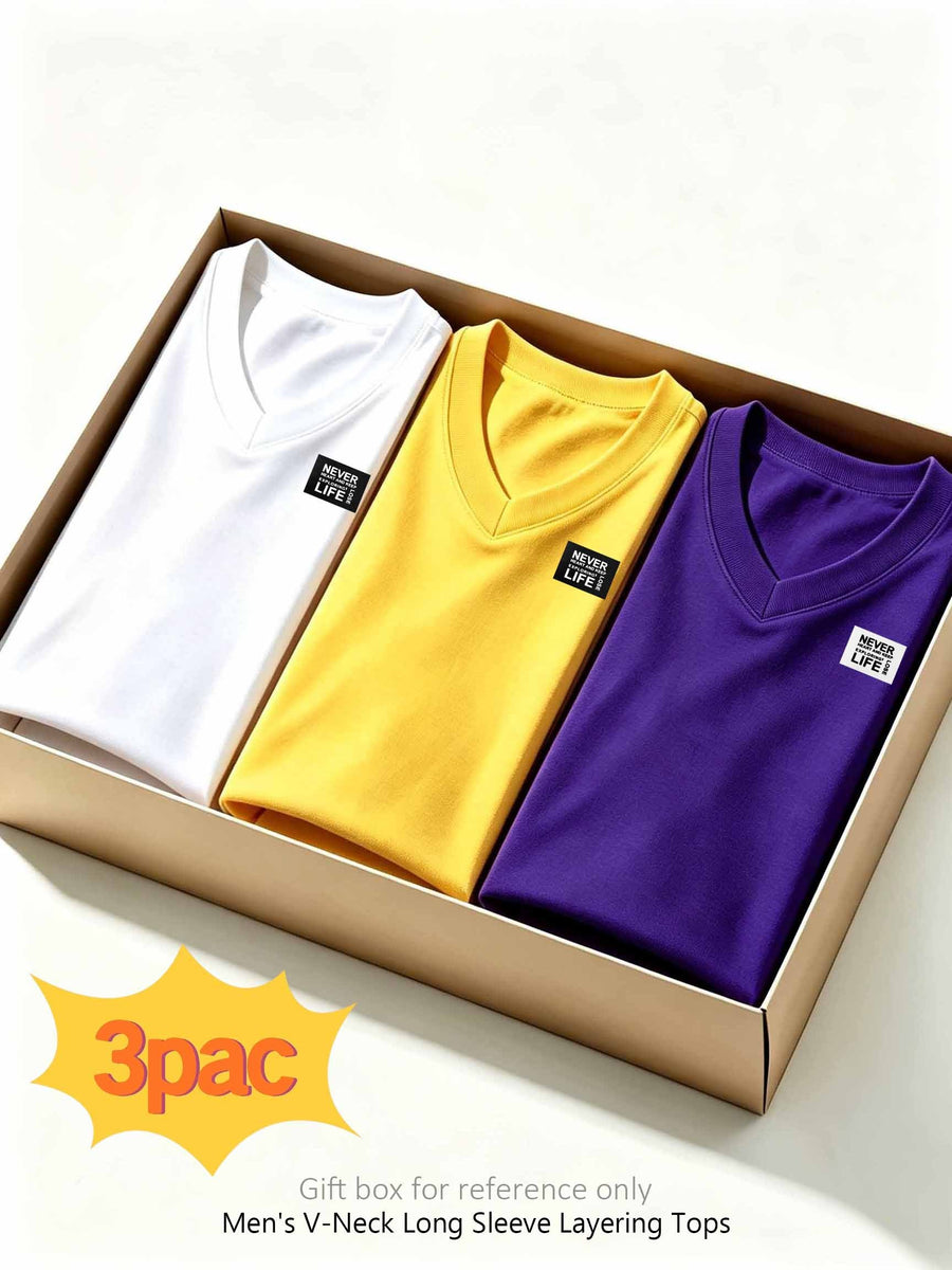 100%, 3pcs Men'S V-Neck Long Sleeve Chokers T-Shirts, Men'S Knit Sweatshirt, New Casual Athletic Ribbed Collar Top - White+yellow+purple