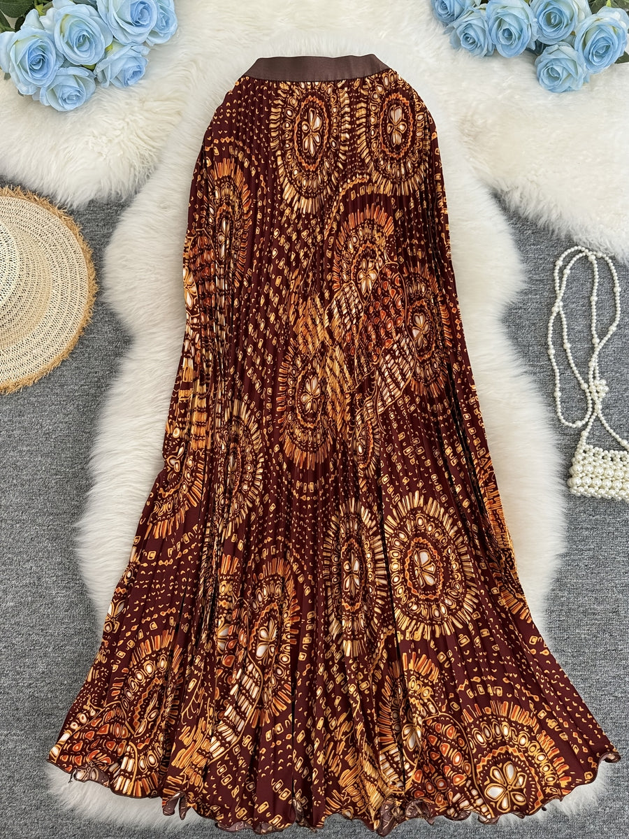 Summer High-End Print Long Dress Pleated Large Swing Skirt - Coffee Brown
