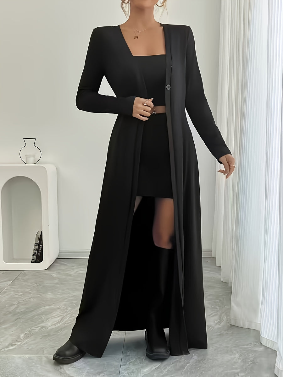 New Spring/Autumn Women's European and American Style Daily Solid Color Long Button-Up Cardigan, Long Sleeve, Slim Fit, Casual Commuter Outerwear - Black