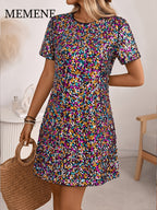 European and American Style Multicolor Sequined Straight-Cut Mini Skirt with Round Neck, Short Sleeves, Loose Fit, and Figure-Flattering Design for Birthday Parties and Gatherings - Mixed colors