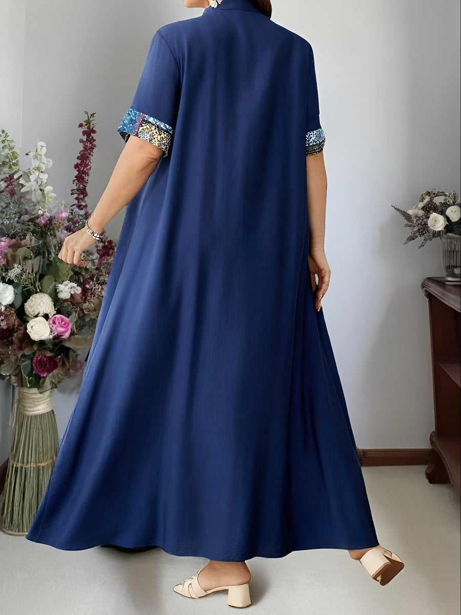 Spring and Summer New Elegant Loose Comfortable Short Sleeve Sweetheart Neck Long Colorblock Print Middle Eastern Robe Fashionable Ladies Dress - Navy Color