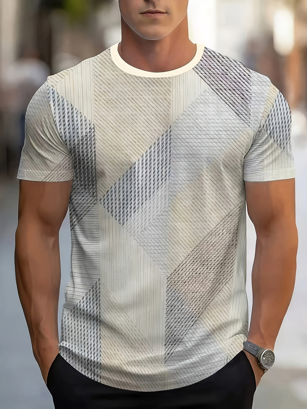 [Printed Design – Not Textured] Men's Fashion Printed Short-Sleeve T-Shirt, Casual Crew Neck, Polyester Fiber, Summer Outdoor Essential, Regular Fit - Mixed colors