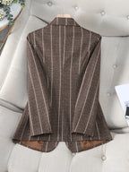 Elegant 2025 Blue Striped Suit Jacket, Noble and High-end Small Suit for Women, New Suit with Striped Contrasting Color - Coffee Color