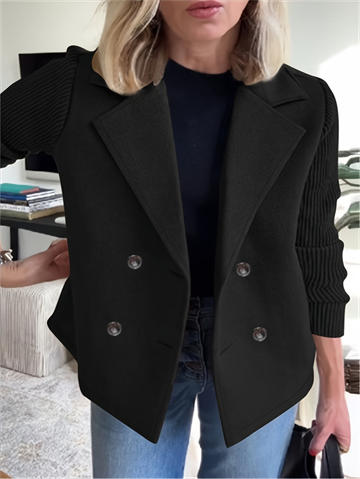 New European and American Women's Suit Jacket, Fashionable and Elegant Fabric Patchwork Double-Breasted Tweed Coat for Women - Black