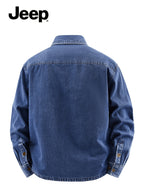 Jeep Cotton Denim Long Sleeve Shirt for Men Embroidered Logo Lapel Button Double Chest Pockets Wrinkle-resistant Stylish Light Business Casual - Dark Blue