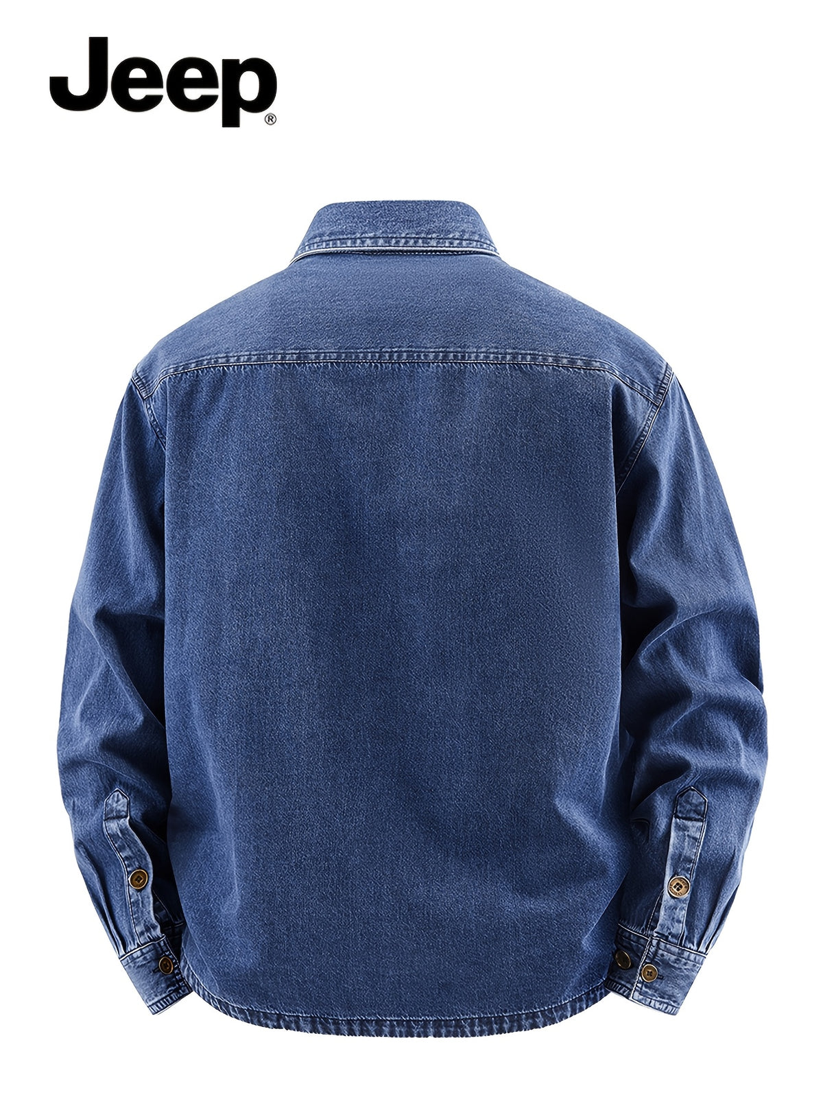 Jeep Cotton Denim Long Sleeve Shirt for Men Embroidered Logo Lapel Button Double Chest Pockets Wrinkle-resistant Stylish Light Business Casual - Dark Blue