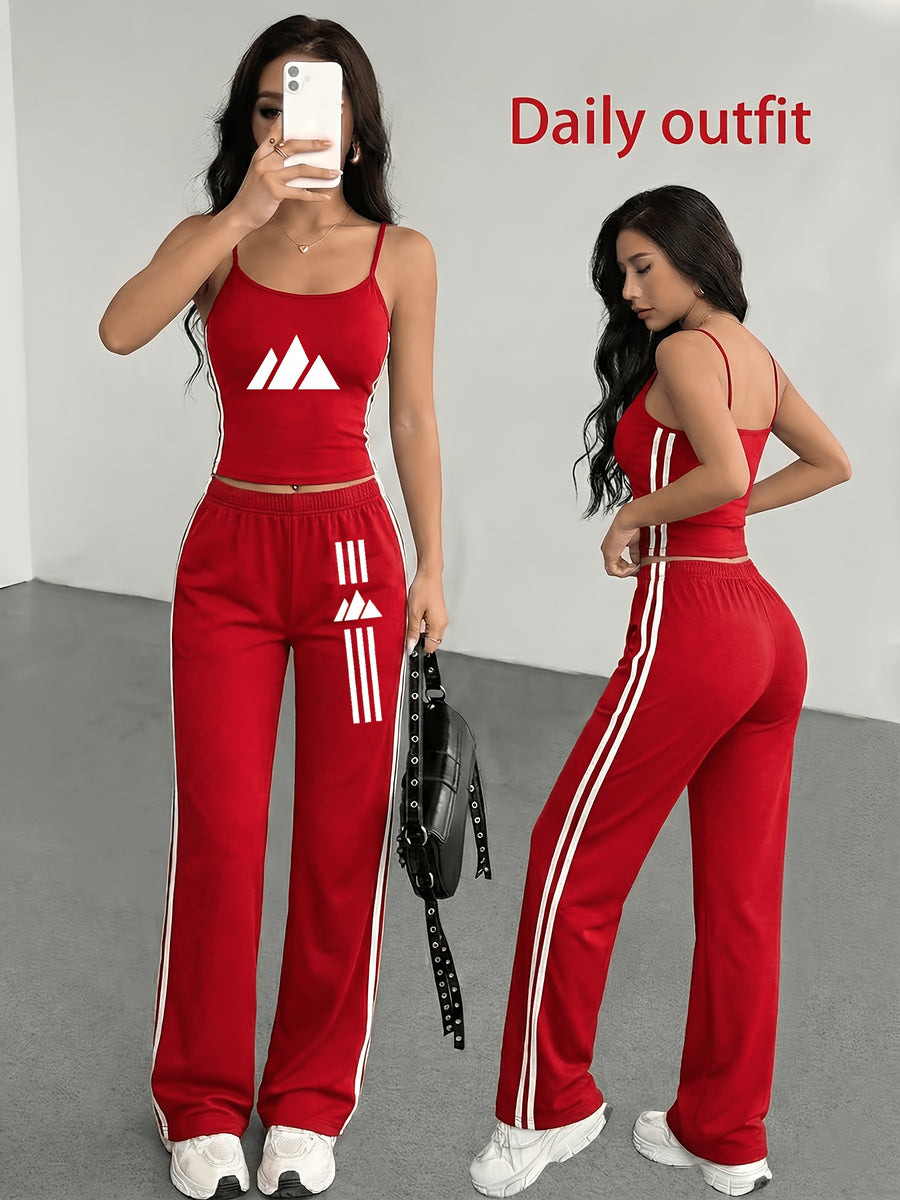 Women'S Elegant Suit, Loose Straight Leg, Side Contrast Stripes, Personalized Triangle Pattern Print, European And American Style Style, Elastic Waist, Straight Leg Wide Leg Long Pants, Paired with a Tight Short Suspender Vest - Red