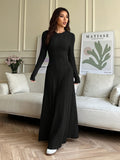 Women'S Casual Solid Color Dress, Round Neck, Autumn/Winter - Black