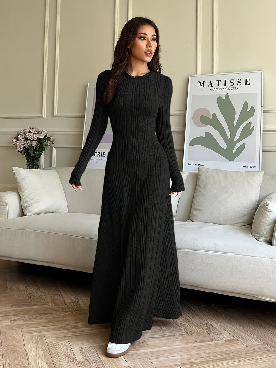 Women'S Casual Solid Color Dress, Round Neck, Autumn/Winter - Black
