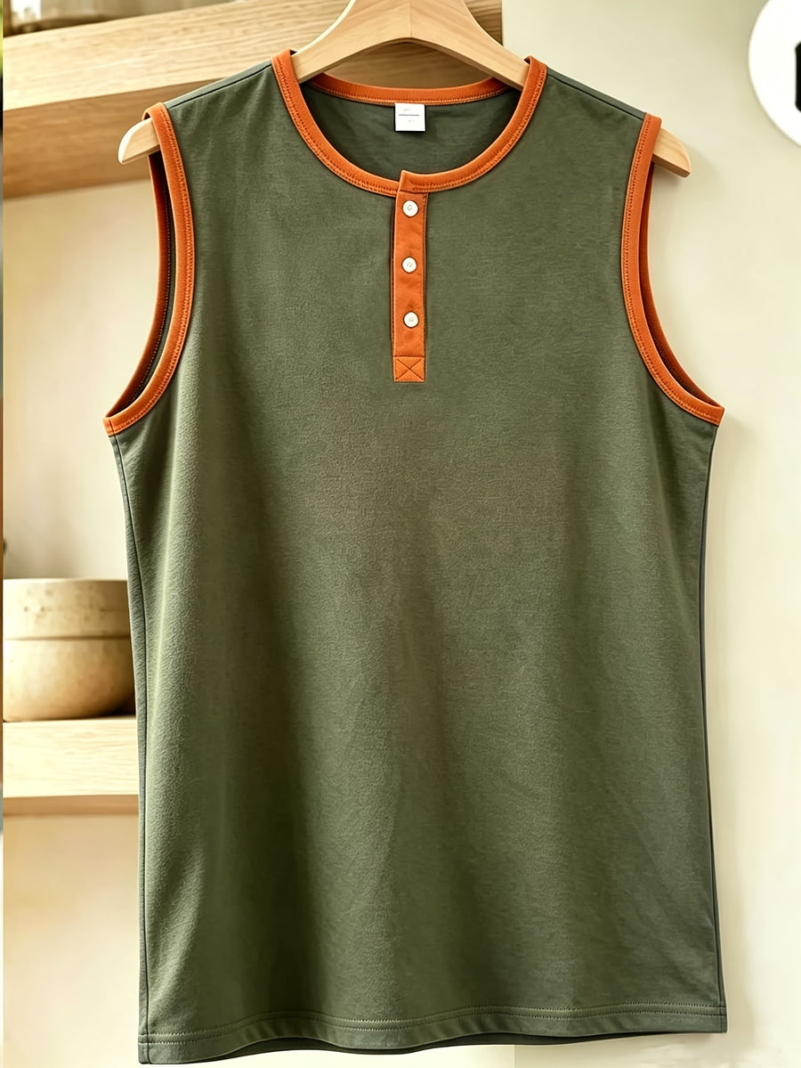 Men's Three-Button Henley Collar Sleeveless Vest with Contrast Binding, Round Neck, Summer Solid Color Casual Sportswear Top - Olive Green