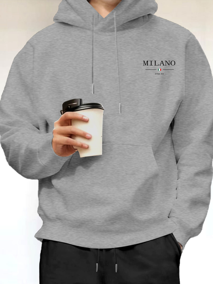 Simple and Stylish Milan Text Print Men's Hooded Sweatshirt for Daily Casual Outings and Commuting - Light Grey