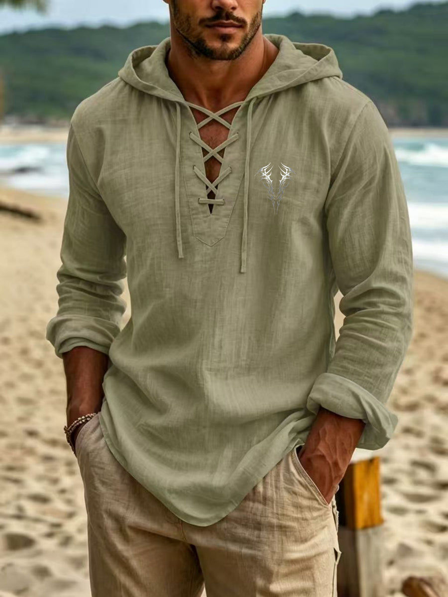 Urban Fashion Men'S Linen Hooded Long Sleeve Top, Tribal Totem Thorn Pattern As Visual Focal Point, Creative Cross-Over Tie Neckline to Avoid Monotony, Long Sleeve Hooded Combination, Creating a Easy And Premium Men'S Outfit - Green