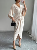 Batwing Sleeve Midi Dress, Twisted Waist Design Exudes Elegance - Apricot