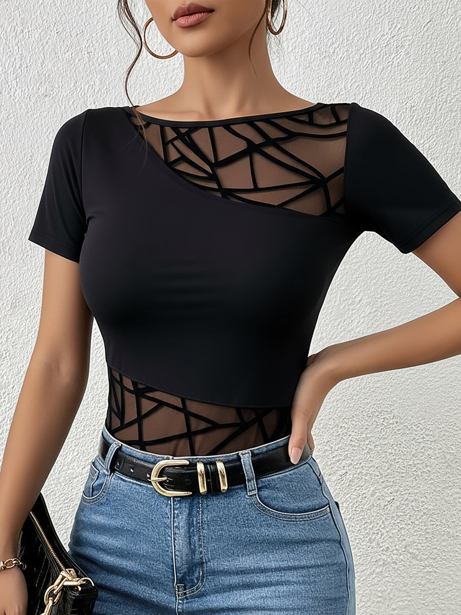 YTD Cherry Women'S Elegant Flocked Mesh Spliced Round Neck Pullover Bodysuit, Mesh Splicing Design, Versatile, Good Elasticity, Comfortable And Fashionable, Casual And Comfortable Top, Soft And Elastic Fabric, Fashionable Top - Black