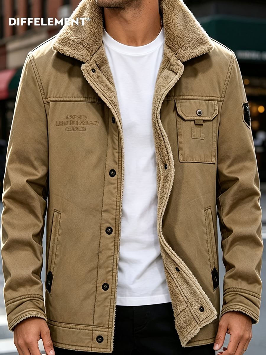 DIFFELEMENT Retro Workwear Style Fleece Thickened Men'S Lapel Work Jacket Lamb Fleece Fleece Lining Single Button Front Closure Cold-Proof Coat Chest Flap Patch Pocket Side Patch Pocket Warm And Cold-Resistant Wearable in Cold Weather Daily And Outd - Khaki