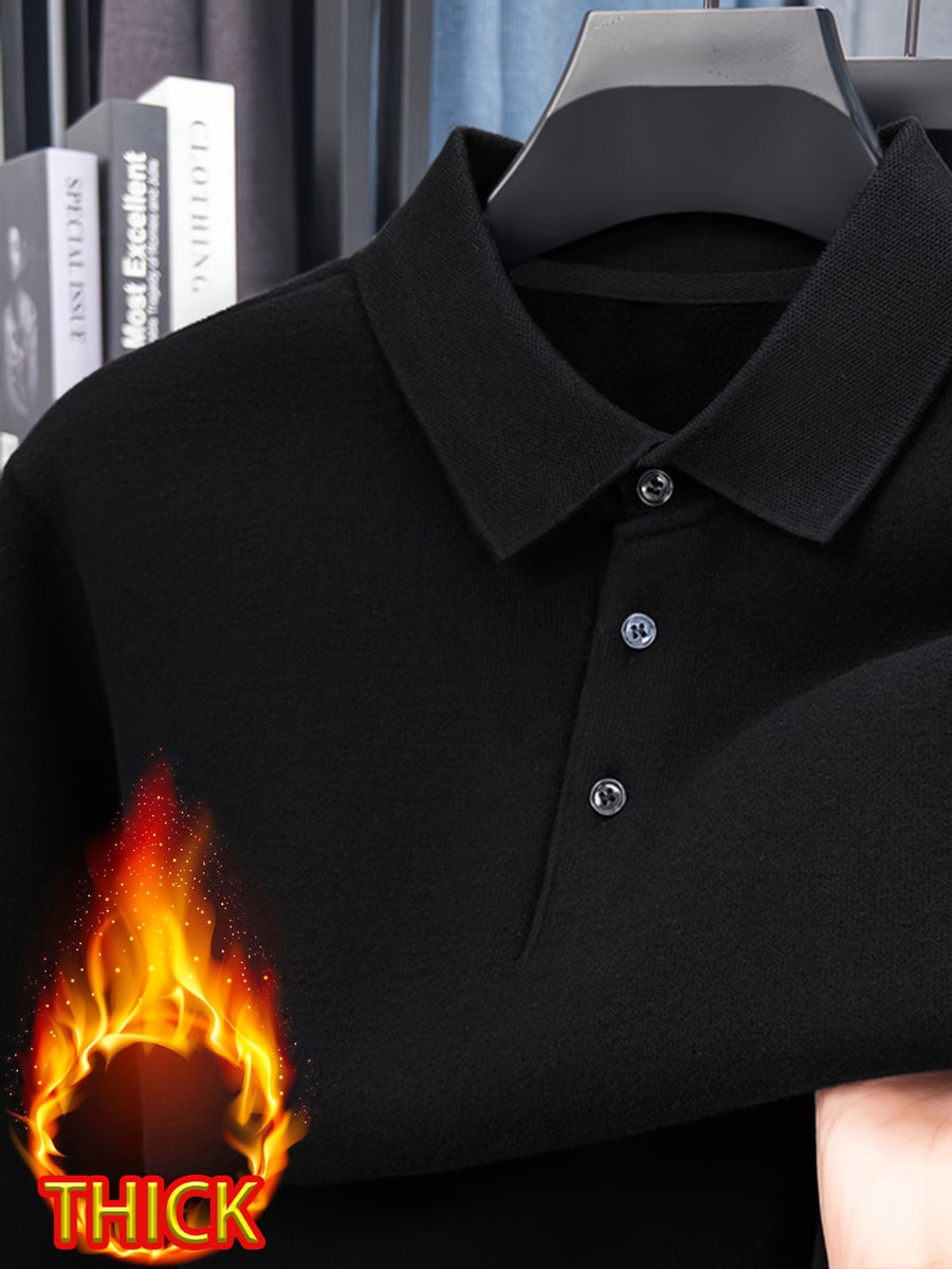 Men's -lined Lapel Polo Knit Sweater, with Plush Inner Lining, for Autumn and Winter Cold Protection. Suitable for Wearing Alone in Late Autumn and Early Winter, or as a Base Layer in Winter. Keeps You Warm Without Adding Bulk - Black