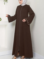Traditional Middle Eastern Style Women'S Long Sleeve Dress with Zipper Closure, Elegant Abaya Long Dress - Coffee Color