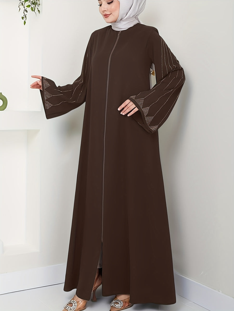 Traditional Middle Eastern Style Women'S Long Sleeve Dress with Zipper Closure, Elegant Abaya Long Dress - Coffee Color