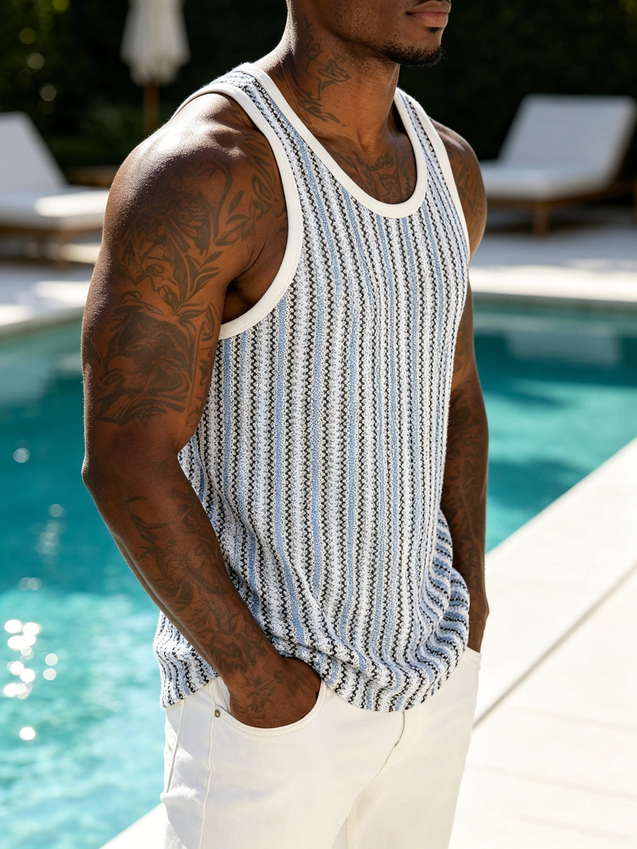 Men's Chevron Striped Hollow Knit Tank Top, Round Neck Sleeveless Casual Summer T-Shirt for Beach Workout Vacation Streetwear - Blue