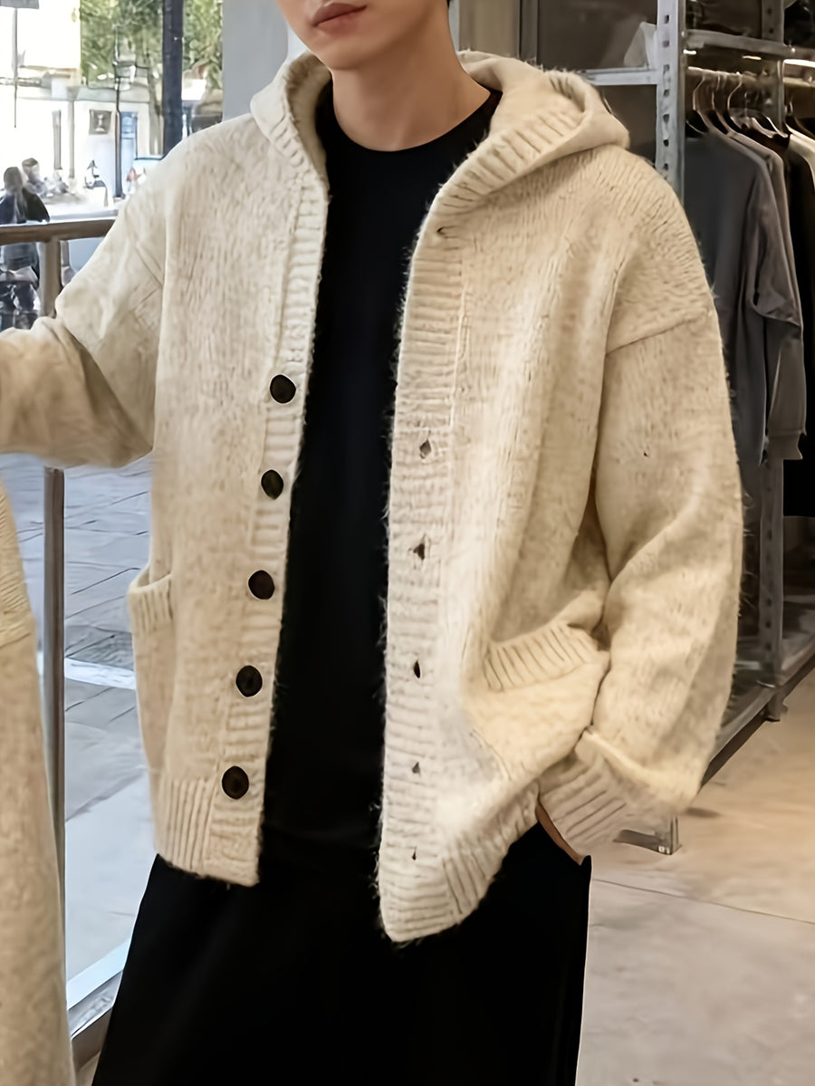 Retro Solid Color Single Button Hooded Cardigan Sweater, Loose Casual Style Versatile Outerwear Knit Top - Ivory White