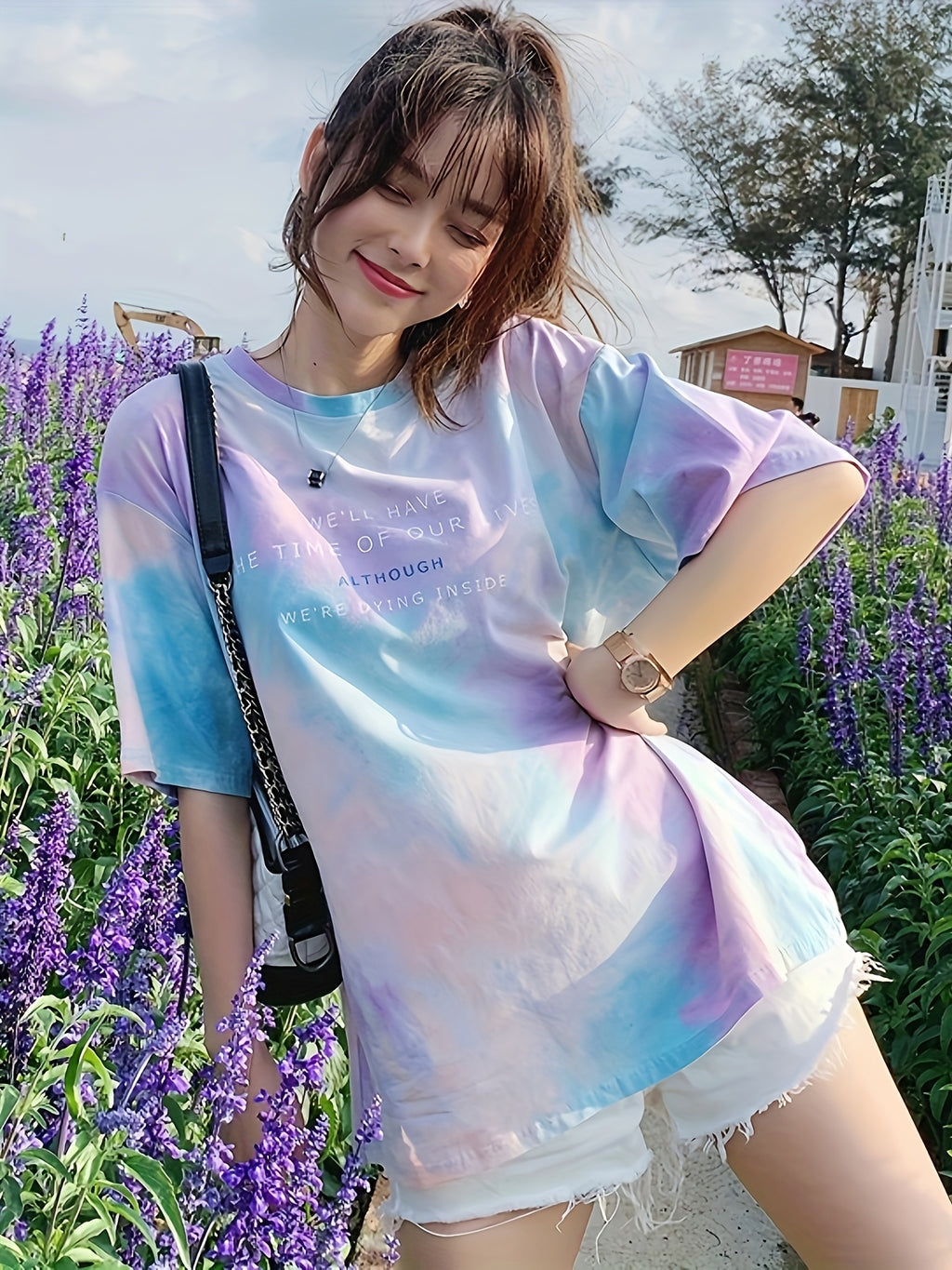 Women's Plus Size Loose Fit Casual T-Shirt - Pastel Tie-Dye Letter Print Round Neck Short Sleeve, Breathable Medium Stretch Fabric, Long Length for Spring Summer Fall, Machine Washable, Seasonal Fashion, Trendy Graphic Tee, Pullover Style Top, Everyday - Multicolor