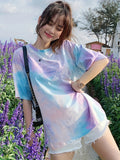 Women's Plus Size Loose Fit Casual T-Shirt - Pastel Tie-Dye Letter Print Round Neck Short Sleeve, Breathable Medium Stretch Fabric, Long Length for Spring Summer Fall, Machine Washable, Seasonal Fashion, Trendy Graphic Tee, Pullover Style Top, Everyday - Multicolor