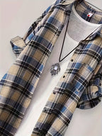 Mid-length Loose-fit Casual Plaid Shirt - Blue