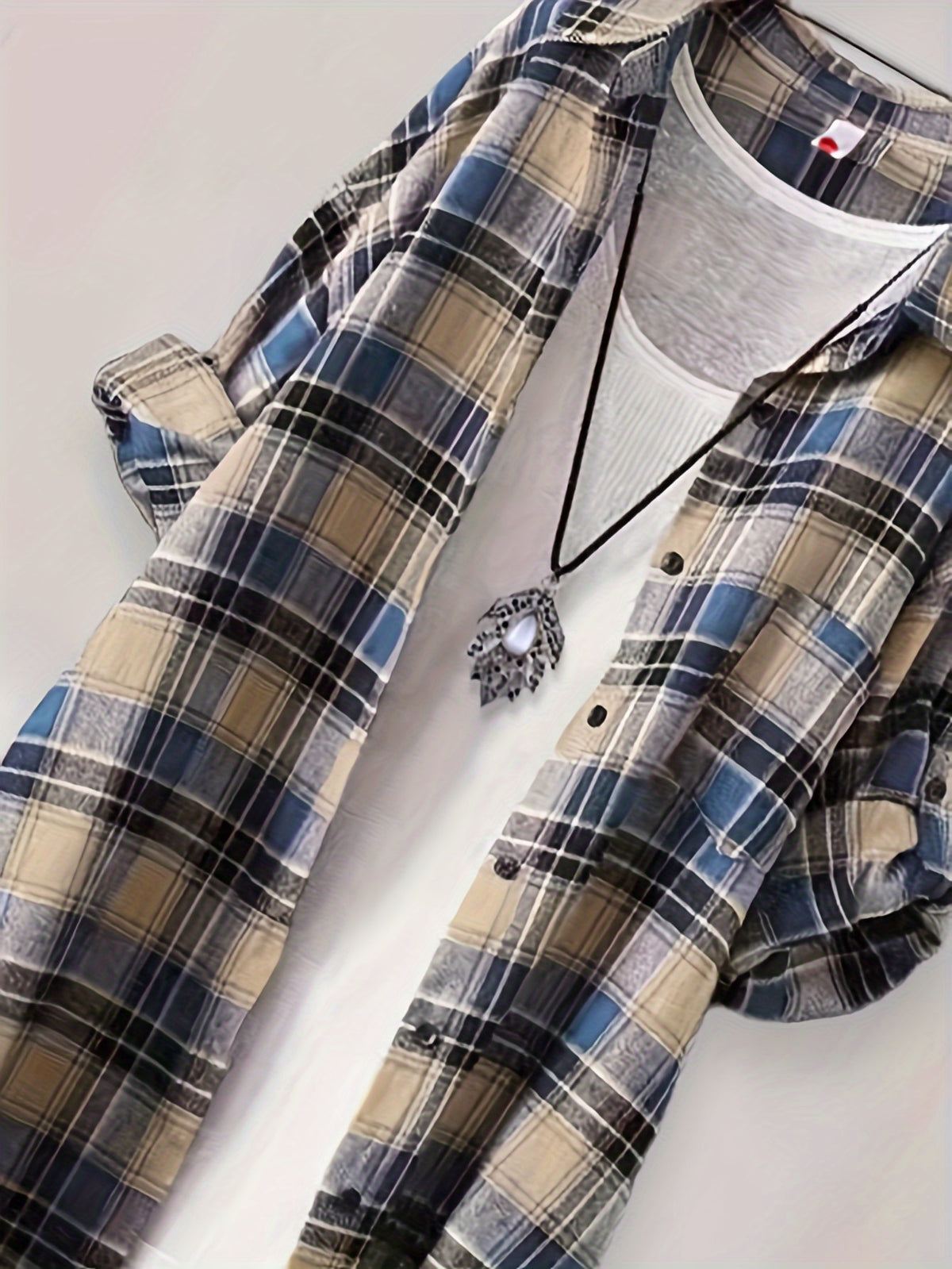 Mid-length Loose-fit Casual Plaid Shirt - Blue