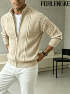FORLENGKE Early Autumn New Arrival Men's Italian-Style Minimalist Formal Knit Stand Collar Cardigan, Zipper Open Front for Layering with Inner Wear, Autumn/Winter Golf, Casual, Office Commute, Shopping, Market Strolling, Daily Wear Top - Beige Yellow