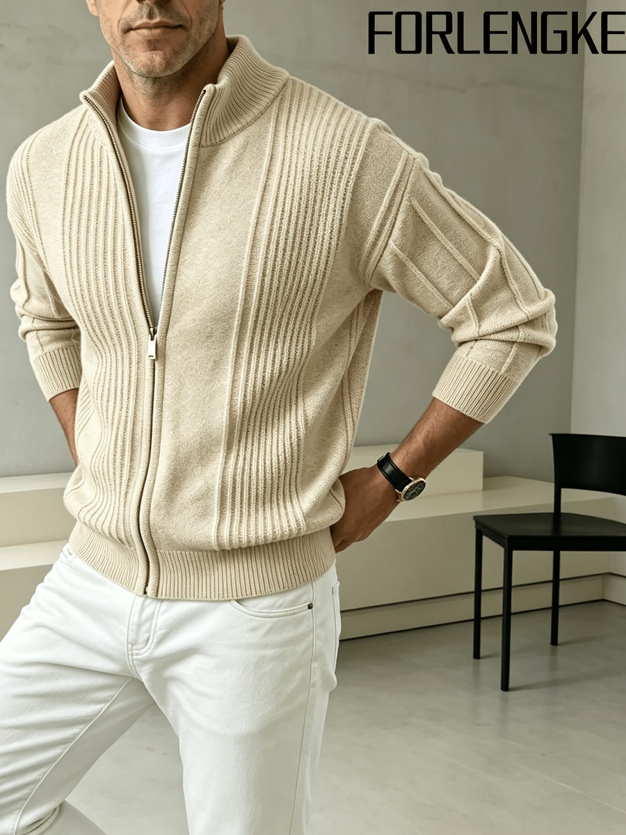 FORLENGKE Early Autumn New Arrival Men's Italian-Style Minimalist Formal Knit Stand Collar Cardigan, Zipper Open Front for Layering with Inner Wear, Autumn/Winter Golf, Casual, Office Commute, Shopping, Market Strolling, Daily Wear Top - Beige Yellow
