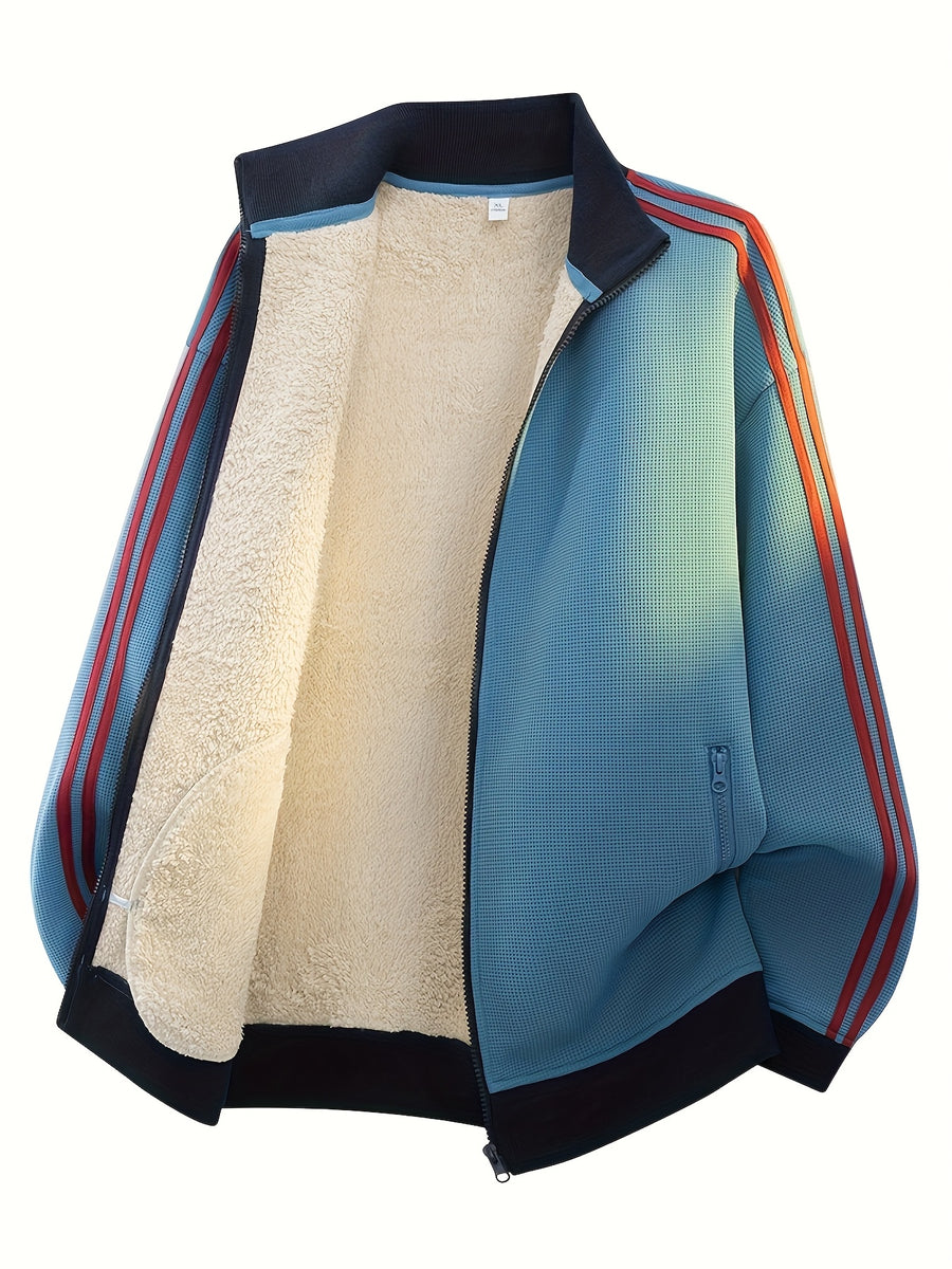 Men'S Waffle Lamb Fleece Lined Zipper Jacket, Stand Collar Side Double Stripe Thickened Warm Jacket, Loose Retro Sporty Outerwear, Ribbed Cuffs with Side Pockets, Windproof Thickened Plush Lining Casual Top, 4 Classic Solid Colors - Azure