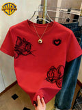 WB Women's Warner Officially Licensed T-Shirt - WB & Heart Print Crew Neck Short Sleeve Top, Casual Summer Shirt Suitable for Daily Commute, Home Wear, Machine Washable Non- Wardrobe Essential - Red