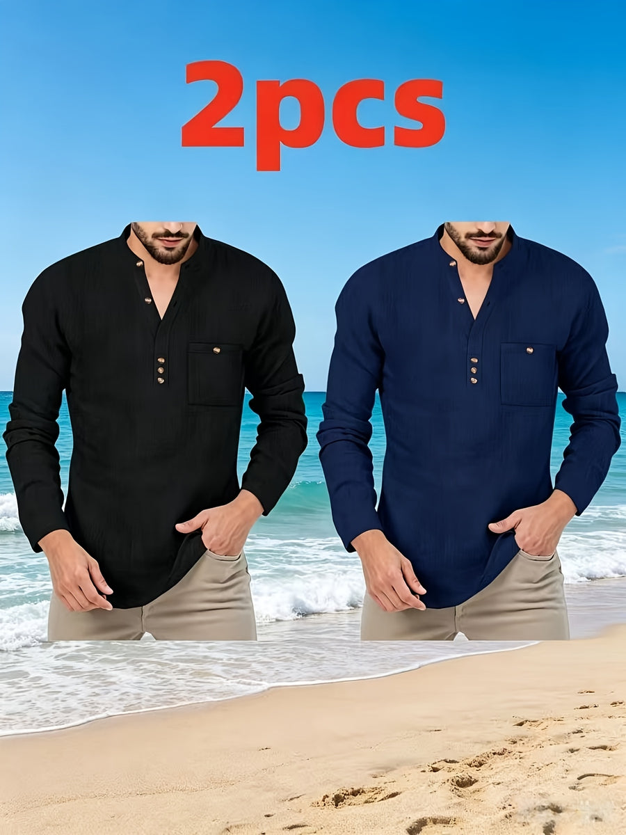 Father's Day Gift Men's Long Sleeve Henley Collar T-Shirt Two-pc, Multiple Colors Available, Casual Top, Simple and Versatile Style for Daily Commuting, Leisure, and Relaxed Wear - Black+Navy Blue