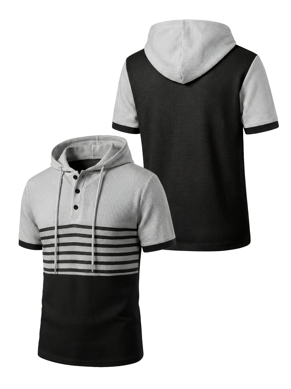 European and American Trendy Men's Color-Block Short Sleeve Hooded Waffle Knit Pullover Casual Fashion Sportswear Top - Gray+black