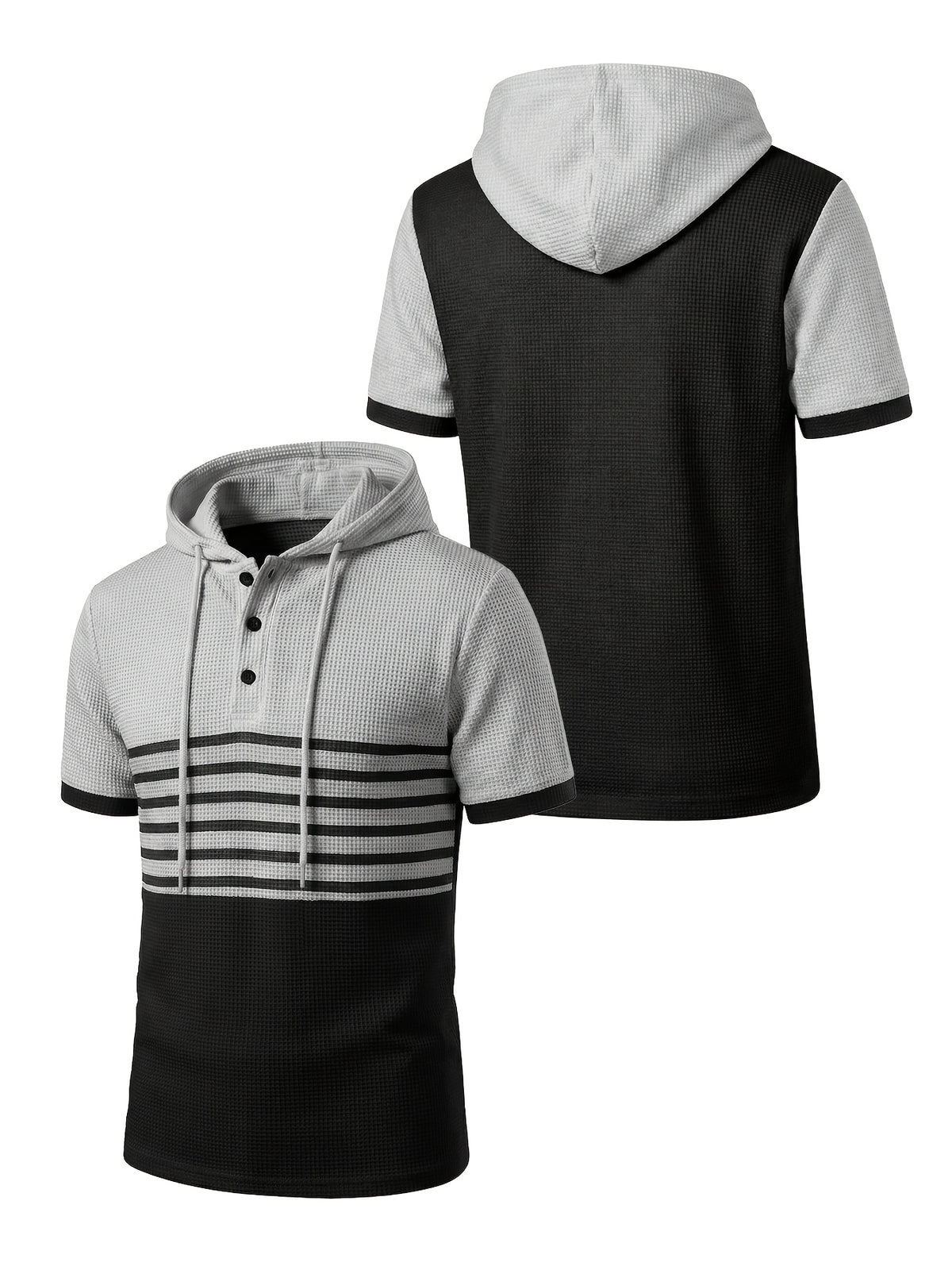 European and American Trendy Men's Color-Block Short Sleeve Hooded Waffle Knit Pullover Casual Fashion Sportswear Top - Gray+black