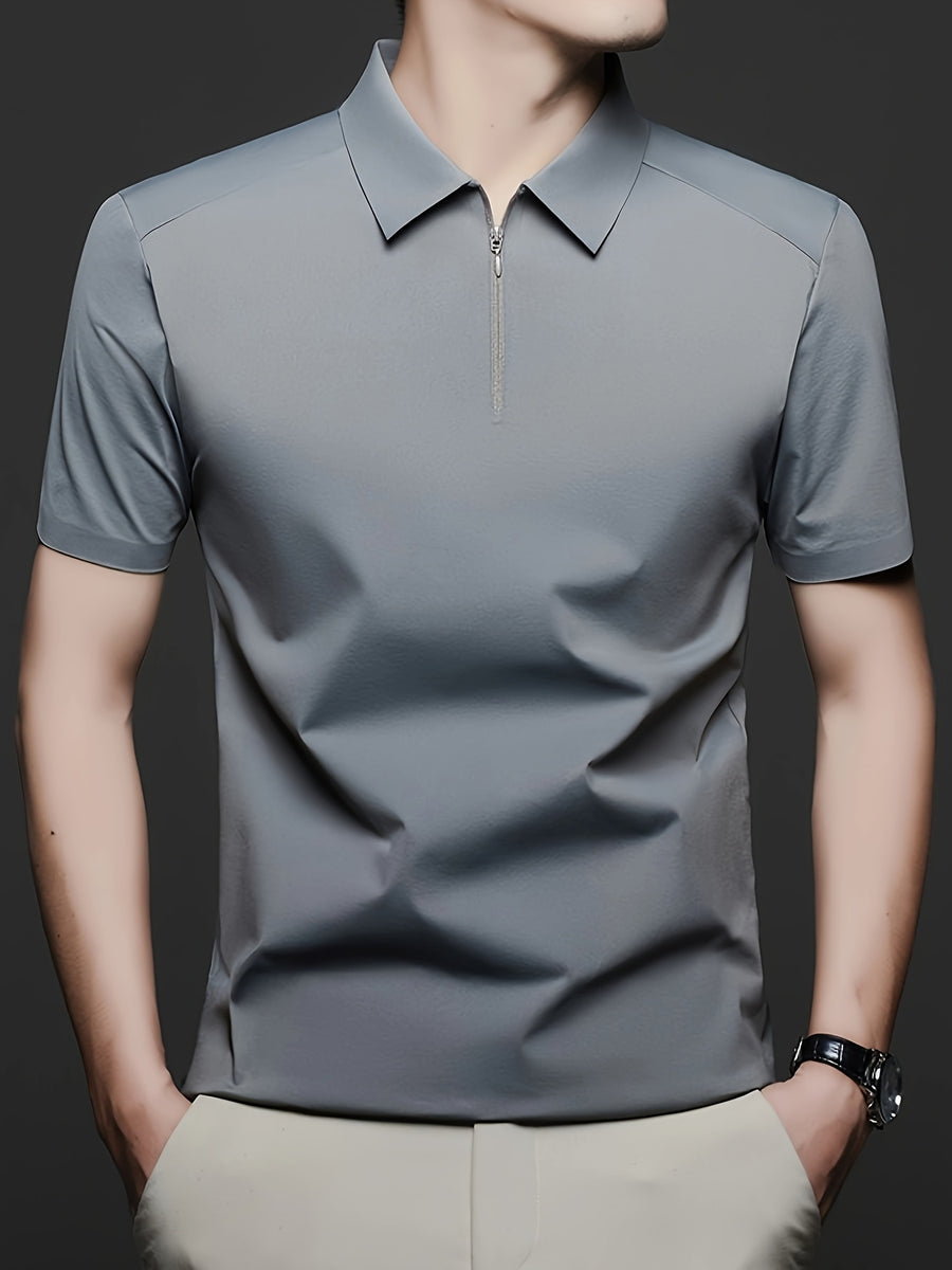 Men's Summer Lapel Polo Shirt, Fashionable and Versatile Light Luxury Zipper Top, Business Casual Breathable Short-Sleeve T-Shirt, Suitable for Daily Work Scenes - Dark Gray