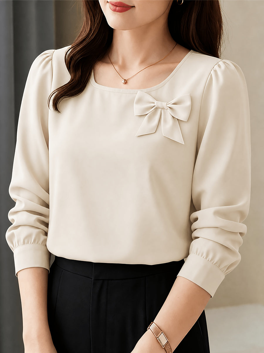 Elegant Casual Long-Sleeve Blouse with Bow and Lantern Sleeves, Solid Color Top ASD1 - Apricot