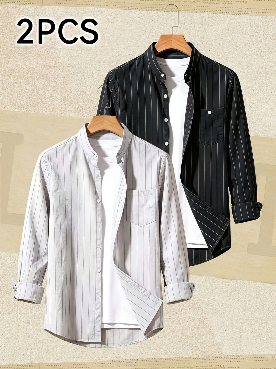 2pcs Set Stand Collar Striped Shirt; Spring/Autumn Loose Fit Casual Business Simple Versatile Top; Daily Commute Breathable 2pcs Men's Outfit - Light White+Black Color