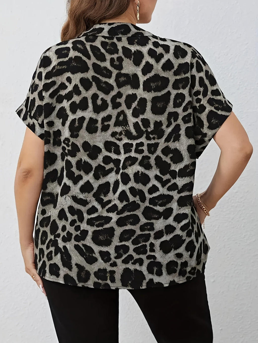 New Leopard Print Button-Up Loose Women'S Shirt - Silvery Grey