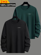 2pcs Set, 100%, Spring/Autumn Long Sleeve Men'S T-Shirt, Easy Fashion Pattern, Round Neck Base Layer, Easy Fashion Fit, Casual Outing Essential, Machine Washable - Mixed Colors 8