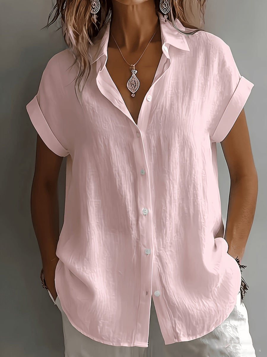 Women'S Elegant Vacation Style Short Sleeve Top, Loose Lazy Shirt, Commute Casual Literary Style, And Covering, Daily Temperament Style, Loose Drape, Breathable And Comfortable - Pink