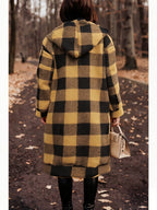 Winter Women's Hooded Cardigan, Two-Tone Plaid, Mid-Length, Thickened Warm Pea Coat - Yellowish-brown