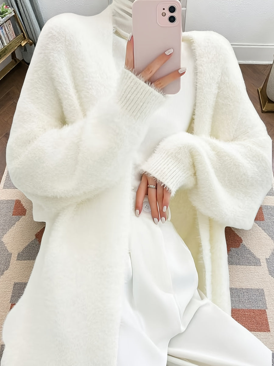 2025 Winter New Faux Mink Cardigan Oversized Loose Long Over-the-Knee Thick White Sweater Coat for Women - White