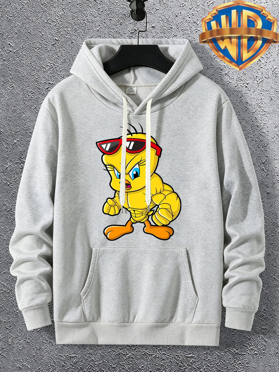 Warner Licensed Men'S Autumn Long Sleeve Hooded Sweatshirt, Durable Ribbed Cuffs, Breathable Polyester Fabric, Funny Muscle Bird Creative Cartoon Print, Suitable for Campus Youth Daily Wear, Class And Social Outings, Loose Drop Shoulder Cut - 【Light Grey】