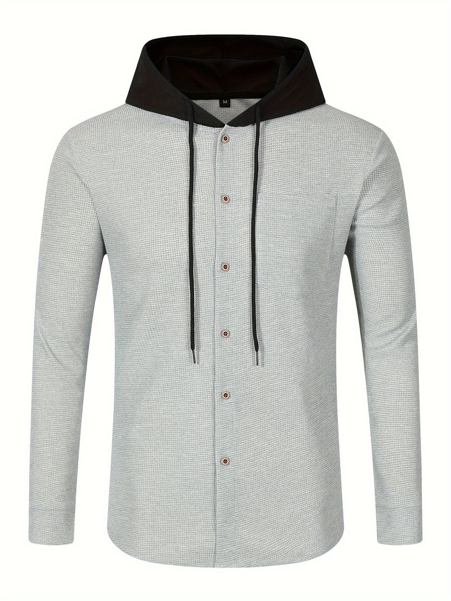 Men's Casual Hooded Jacket - Soft, Breathable Polyester with Button-Up Design & Pockets | Perfect for Spring, Fall & Outdoor Activities, Long Sleeve, Fashion, Daily, Leisure Style, Conventional Version - Grey