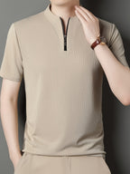 SaXing OBM New Spring/Summer Men's Polo Shirt, Solid Color Textured Ribbed Cable Knit Half-Placket Zipper Style Stand Collar Short Sleeve T-Shirt, Men's Business Casual Fashionable Breathable Versatile Henley Knit Pullover Base Layer Top - Apricot